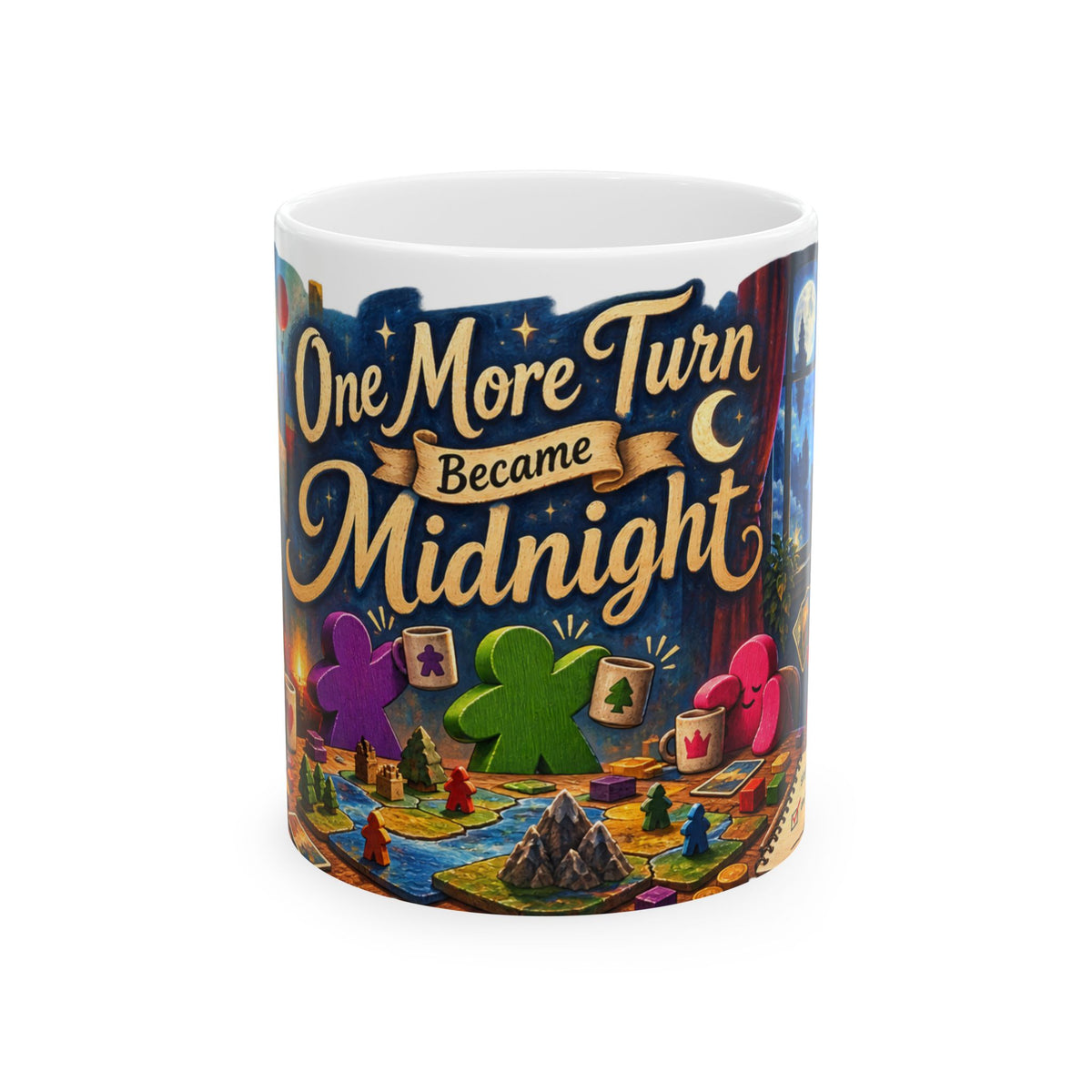 Board Game Mug — “One More Turn Became Midnight” Ceramic Coffee Cup (11oz/15oz)