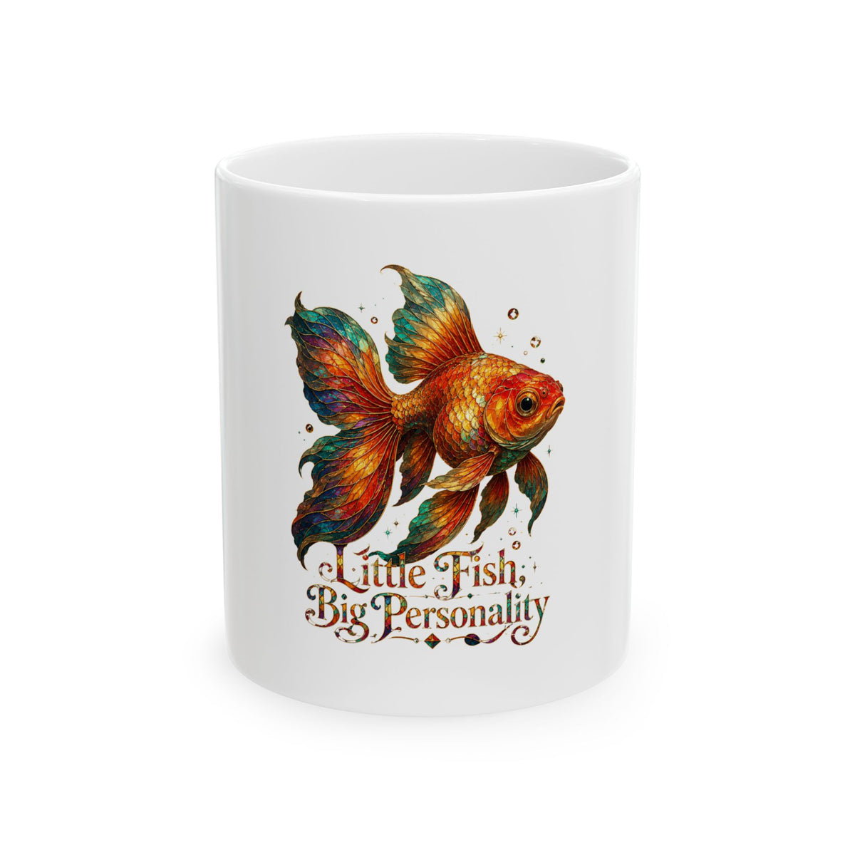 Little Fish, Big Personality Ceramic Mug — Colorful Goldfish Coffee Cup (11oz/15oz)