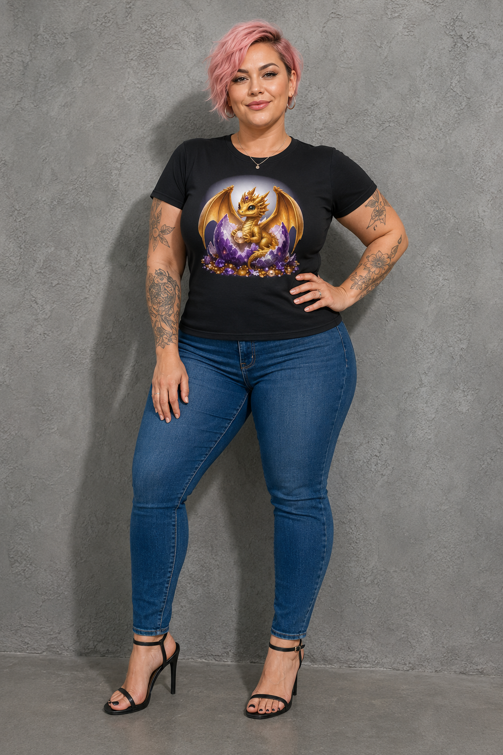 Golden Baby Dragon Tee — Cute Fantasy Dragon Shirt with Purple Egg
