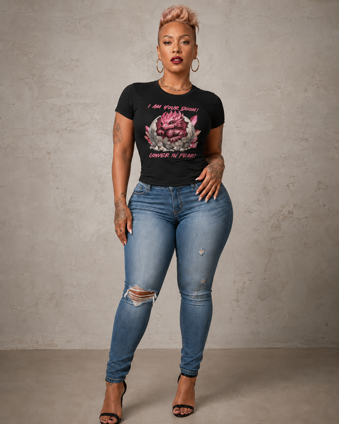 Cute Monster Tee — "I Am Your Doom! Cower in Fear!" Pink Hatchling Graphic Shirt