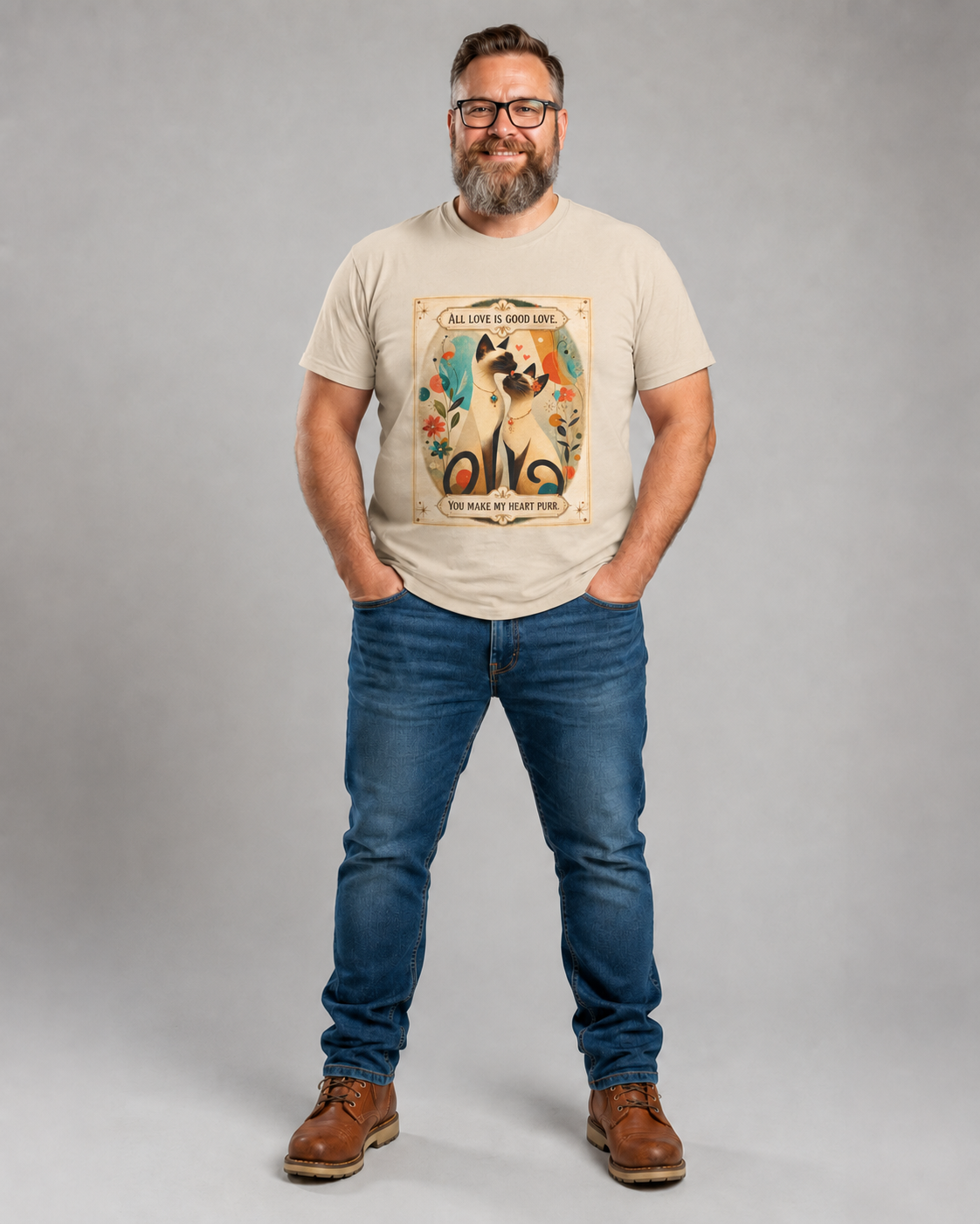 Siamese Cat, Retro Poster T-Shirt – "All Love is Good Love / You Make My Heart Purr" Siamese Cat lovers.