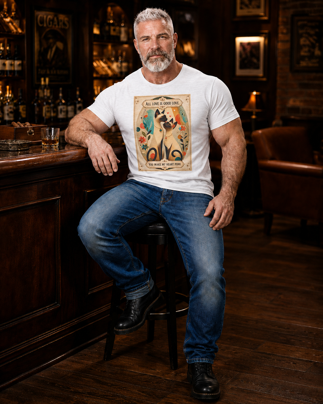 Siamese Cat, Retro Poster T-Shirt – "All Love is Good Love / You Make My Heart Purr" Siamese Cat lovers.