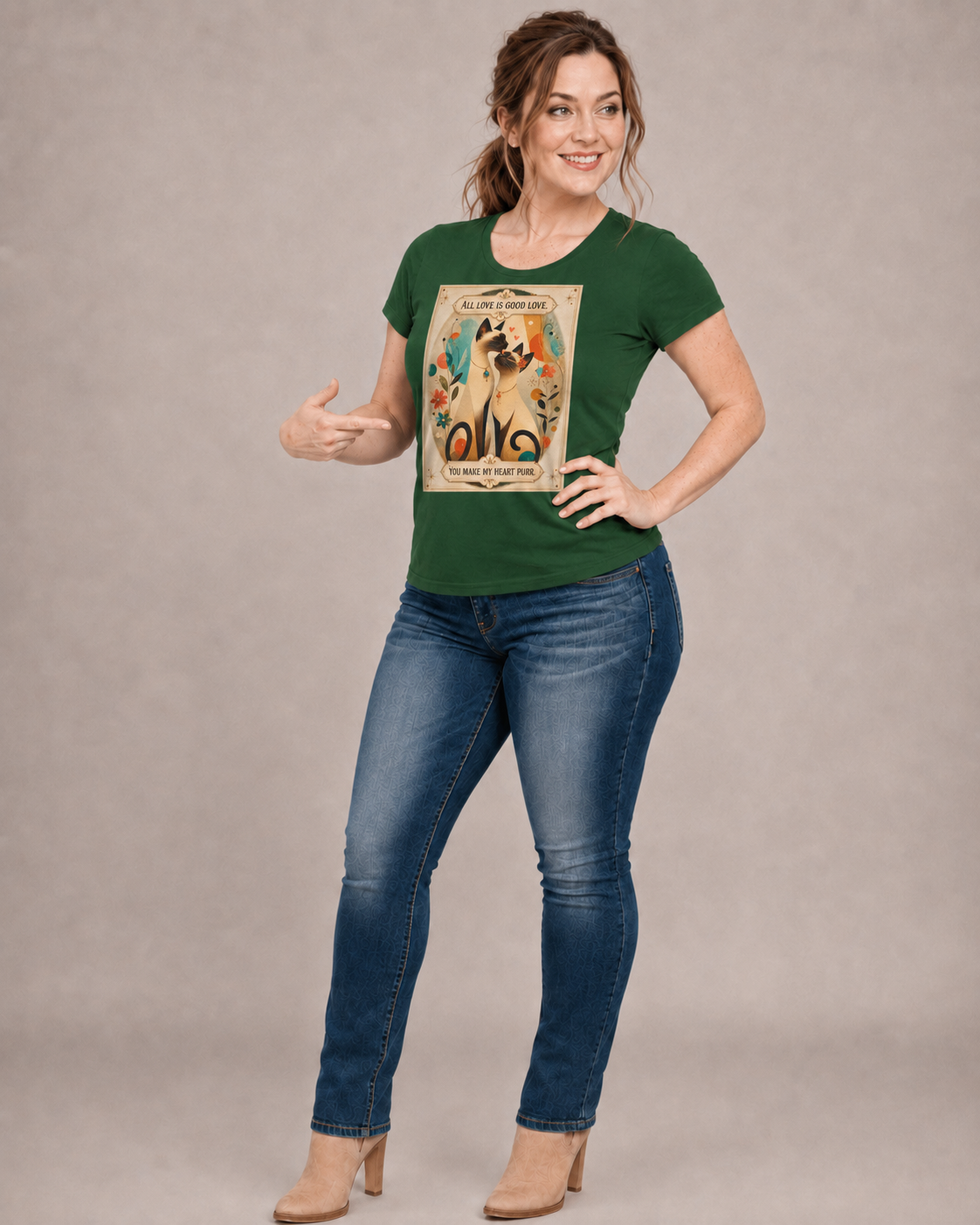 Siamese Cat, Retro Poster T-Shirt – "All Love is Good Love / You Make My Heart Purr" Siamese Cat lovers.