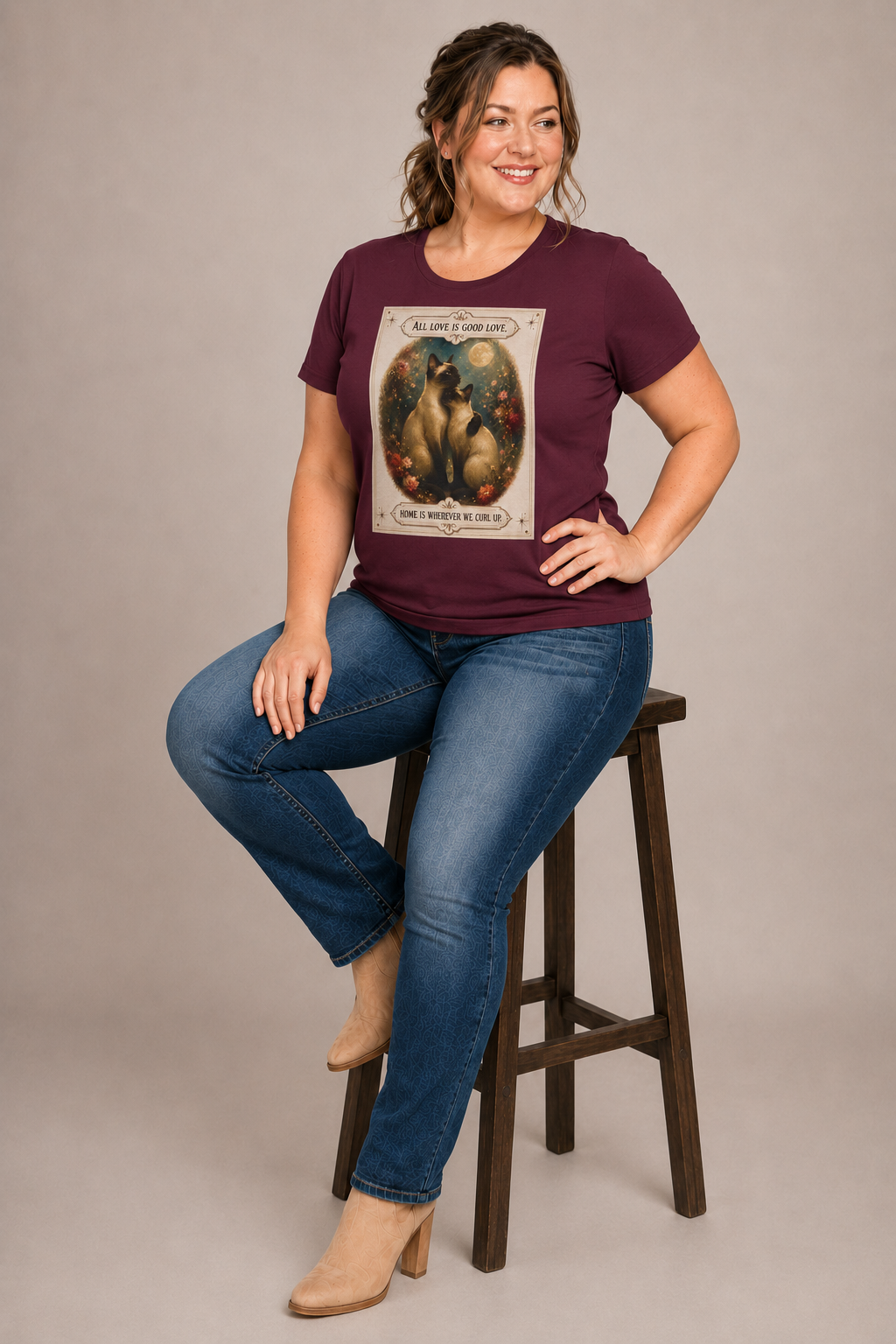 Cat Love Vintage Poster T-Shirt — "All Love Is Good Love" Graphic Tee. Siamese cats in love.