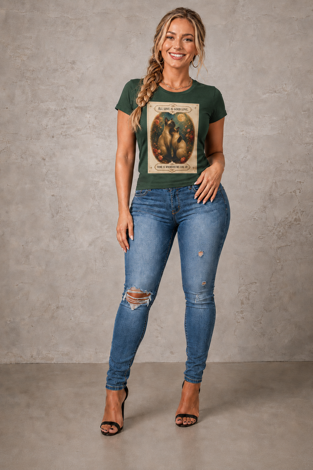 Cat Love Vintage Poster T-Shirt — "All Love Is Good Love" Graphic Tee. Siamese cats in love.
