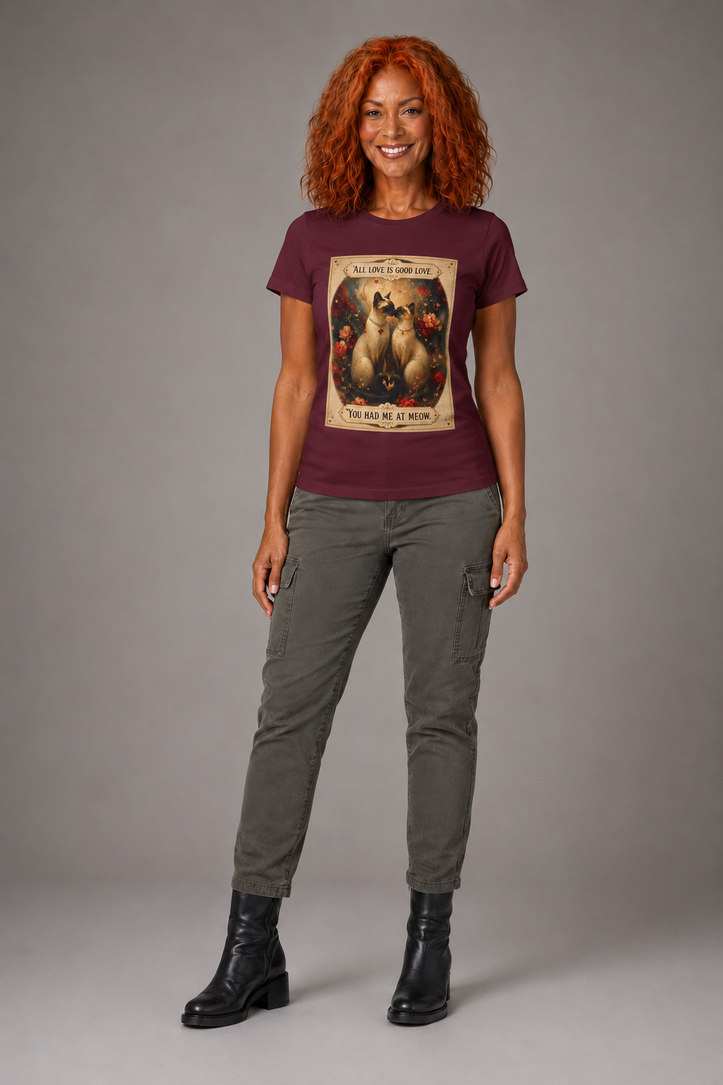 Cat Love Vintage Tee - "All Love is Good Love: You Had Me at Meow" Siamese cat lovers.