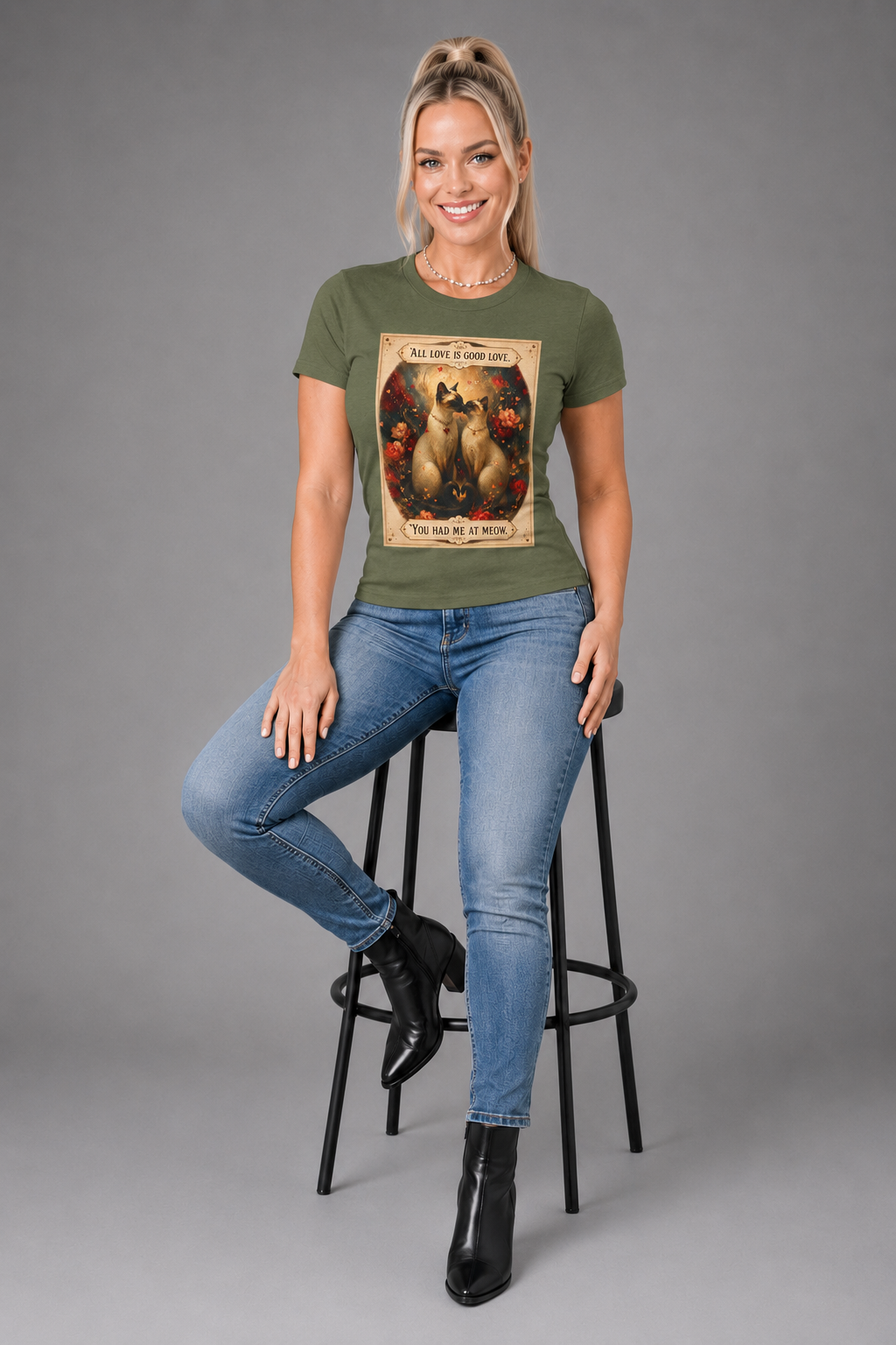Cat Love Vintage Tee - "All Love is Good Love: You Had Me at Meow" Siamese cat lovers.
