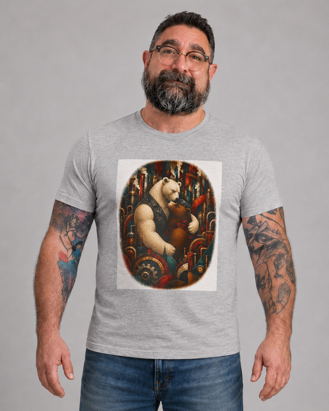 Bear Musician T‑Shirt — Vintage Stylized Bear Playing Violin Art Tee. An image of two Bears in a loving embrace. Colorful steampunk background. Mod.