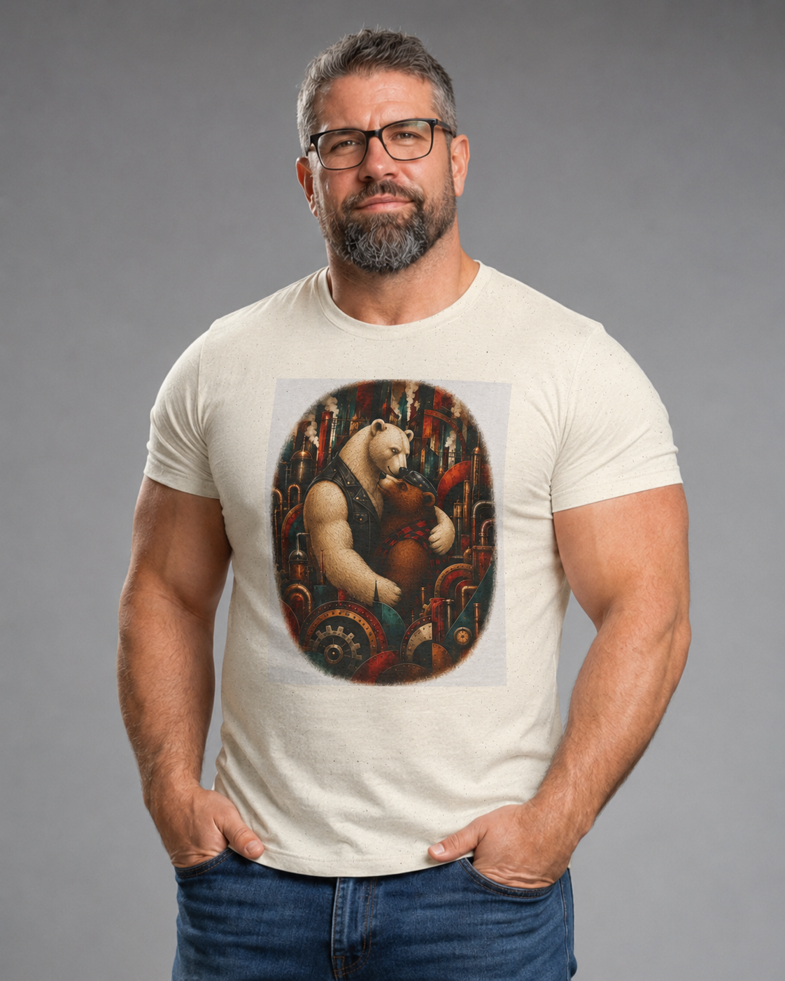 Bear Musician T‑Shirt — Vintage Stylized Bear Playing Violin Art Tee. An image of two Bears in a loving embrace. Colorful steampunk background. Mod.