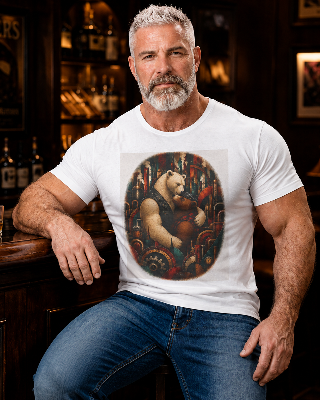 Bear Musician T‑Shirt — Vintage Stylized Bear Playing Violin Art Tee. An image of two Bears in a loving embrace. Colorful steampunk background. Mod.