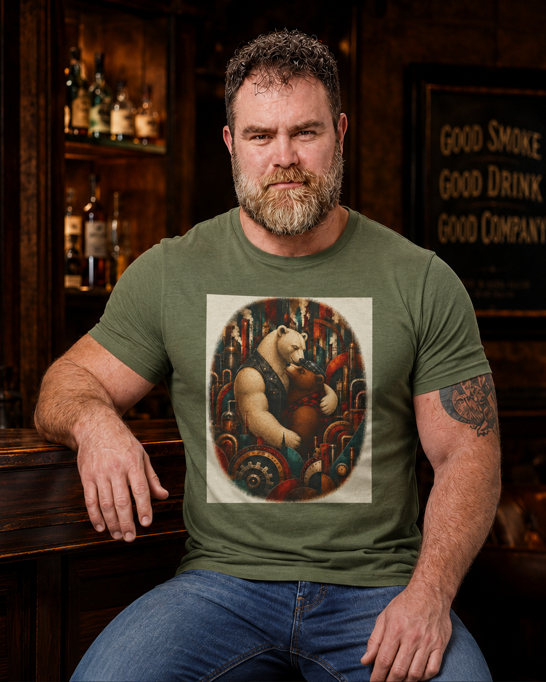 Bear Musician T‑Shirt — Vintage Stylized Bear Playing Violin Art Tee. An image of two Bears in a loving embrace. Colorful steampunk background. Mod.