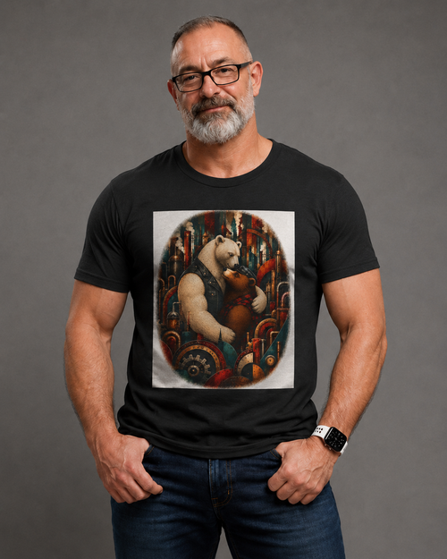 Bear Musician T‑Shirt — Vintage Stylized Bear Playing Violin Art Tee. An image of two Bears in a loving embrace. Colorful steampunk background. Mod.
