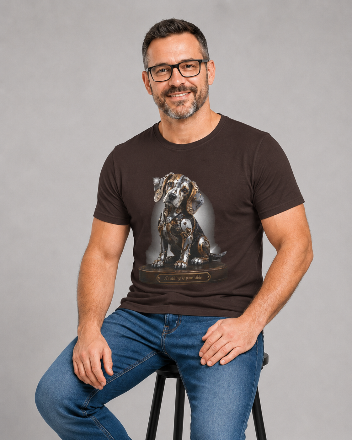 Beagle Tee – Cute Sitting Puppy Graphic T-Shirt. Beagle Puppy sitting on a trophy stand.