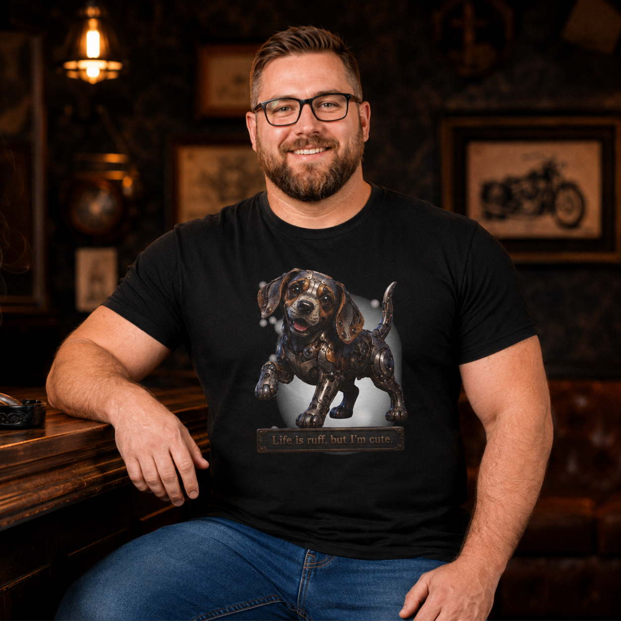 Steampunk Beagle Puppy T-Shirt — "Life is Ruff, but I'm cute." Cute Wiener Dog Tee. Beagle lovers best gift.