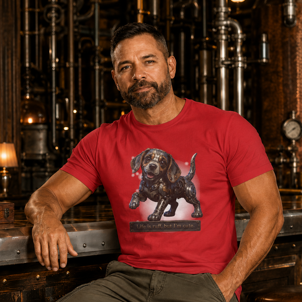 Steampunk Beagle Puppy T-Shirt — "Life is Ruff, but I'm cute." Cute Wiener Dog Tee. Beagle lovers best gift.