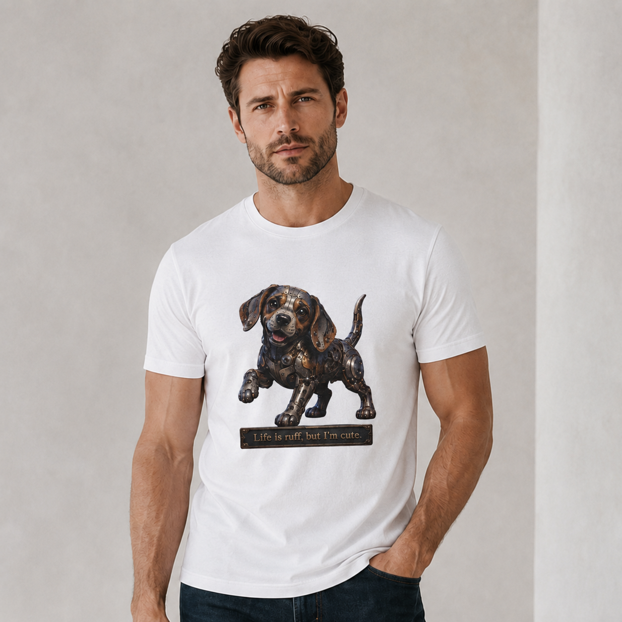 Steampunk Beagle Puppy T-Shirt — "Life is Ruff, but I'm cute." Cute Wiener Dog Tee. Beagle lovers best gift.