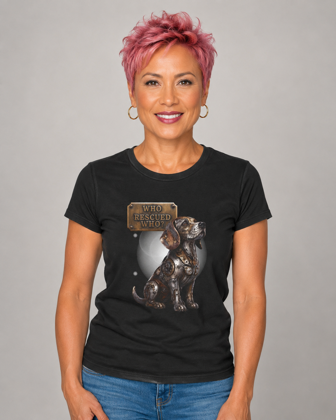 Dog Rescue T-Shirt – "Who Rescued Who" Rescue Pup Tee. A steampunk, mechanical Beagle for all Beagle Moms and Dads