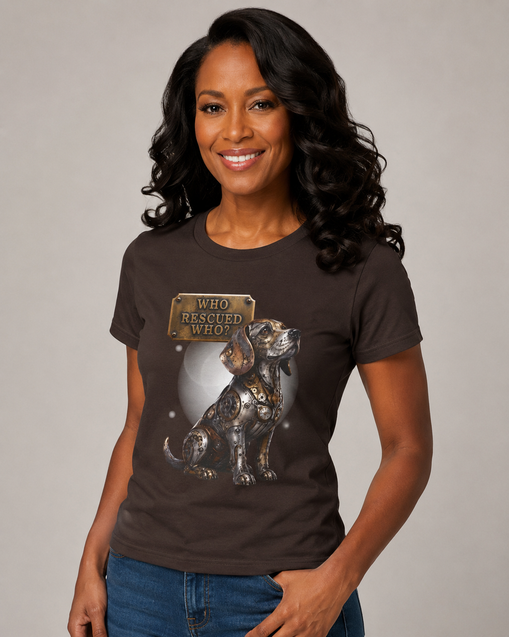 Dog Rescue T-Shirt – "Who Rescued Who" Rescue Pup Tee. A steampunk, mechanical Beagle for all Beagle Moms and Dads