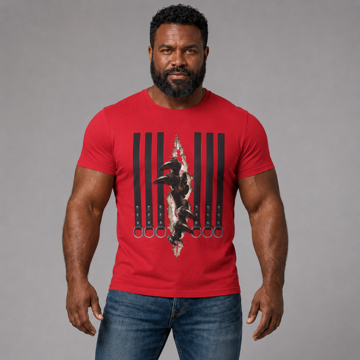 Graphic Tee — Leather straps with rings. Beast tearing out of the chest. Unleashing the wild beast inside