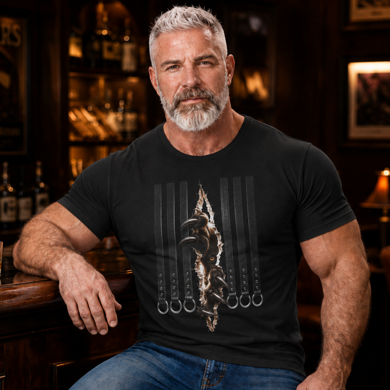 Graphic Tee — Leather straps with rings. Beast tearing out of the chest. Unleashing the wild beast inside