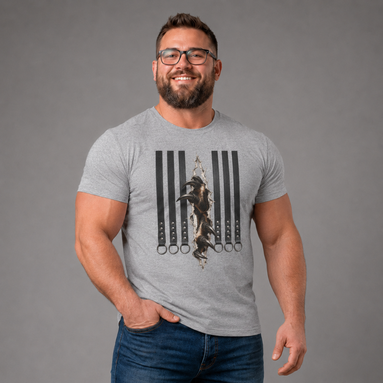 Graphic Tee — Leather straps with rings. Beast tearing out of the chest. Unleashing the wild beast inside