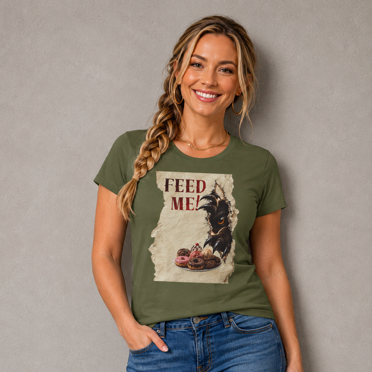 Funny Hangry feed me shirt. Hungry beast breaking out for sweets