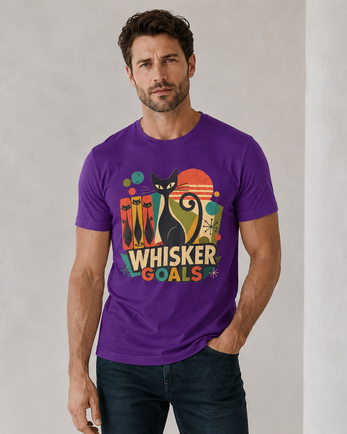 Cat T-Shirt — Whisker Goals Retro Graphic Tee. Best Mod Tangent Cat t-shirt