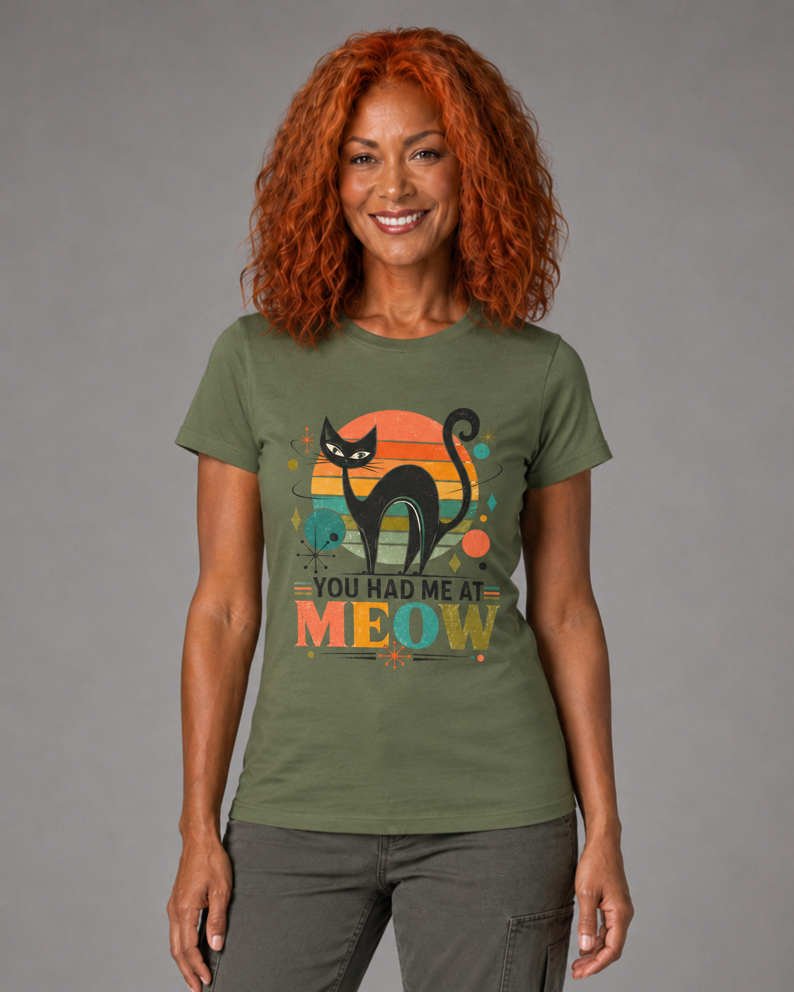 You Had Me At Meow Tee — Retro Cat Graphic T-Shirt. Tangentsies Cat in Retro Mod