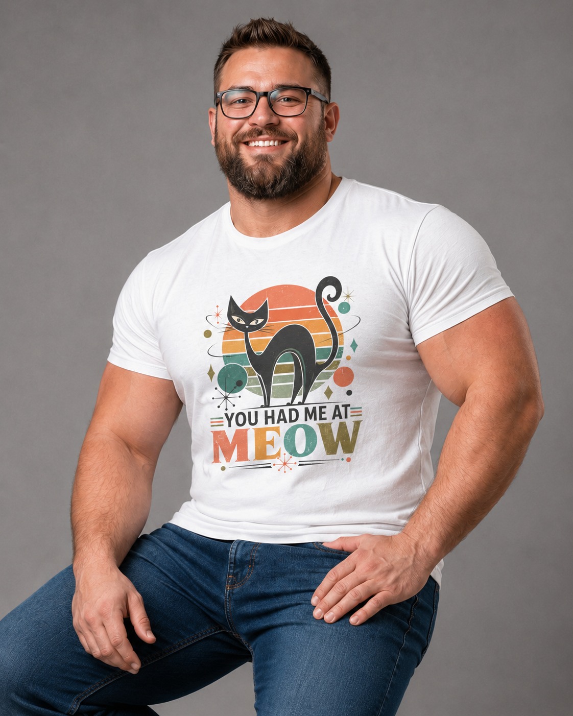 You Had Me At Meow Tee — Retro Cat Graphic T-Shirt. Tangentsies Cat in Retro Mod