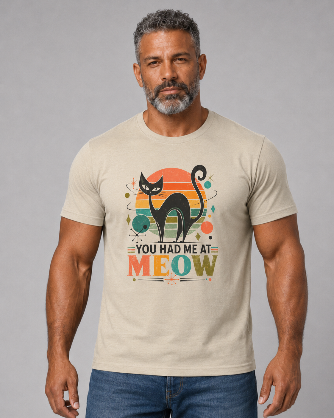You Had Me At Meow Tee — Retro Cat Graphic T-Shirt. Tangentsies Cat in Retro Mod