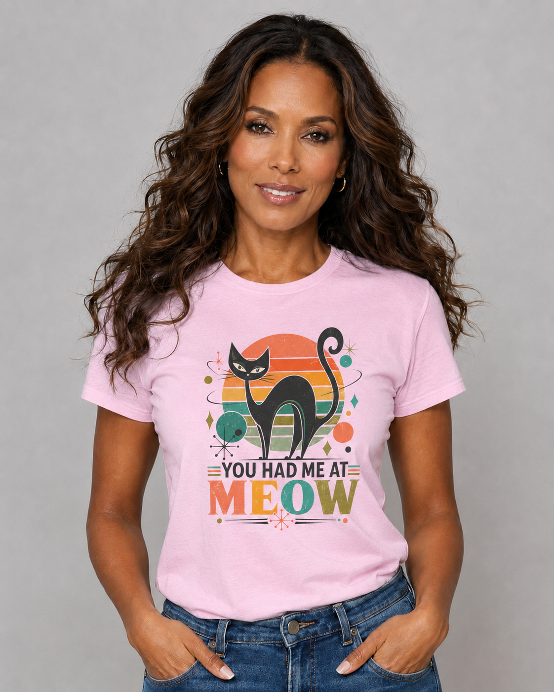 You Had Me At Meow Tee — Retro Cat Graphic T-Shirt. Tangentsies Cat in Retro Mod