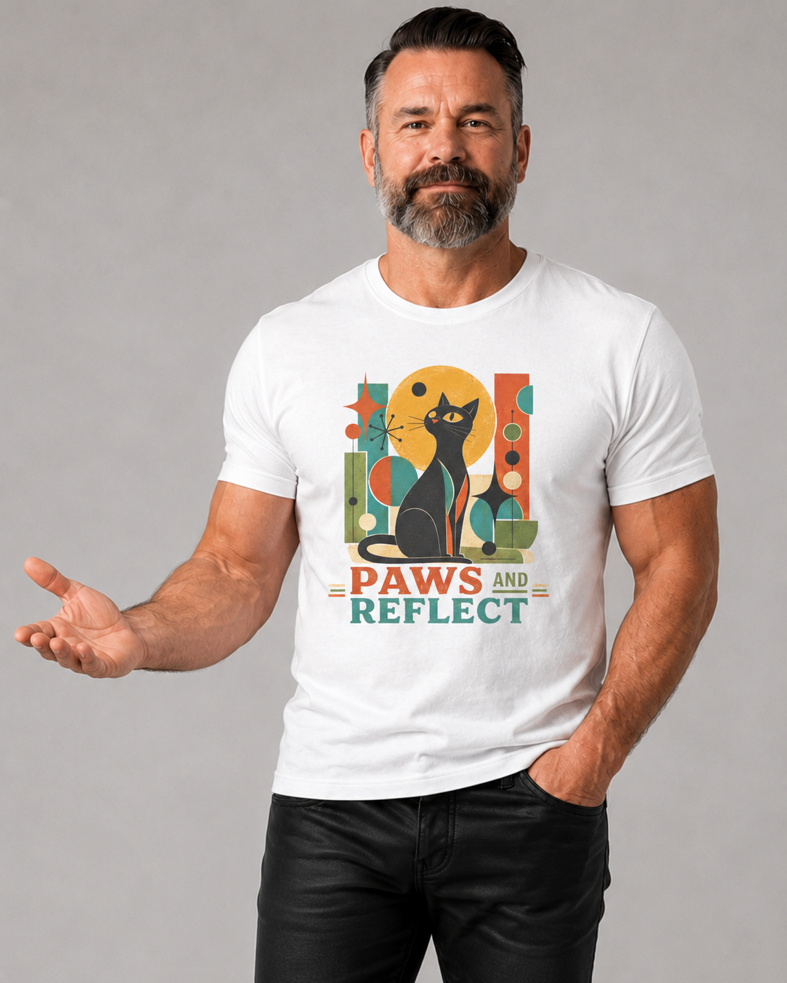 Paws and Reflect Cat T-Shirt. Mod Tangentsies Cat. Mood cat T-shirt