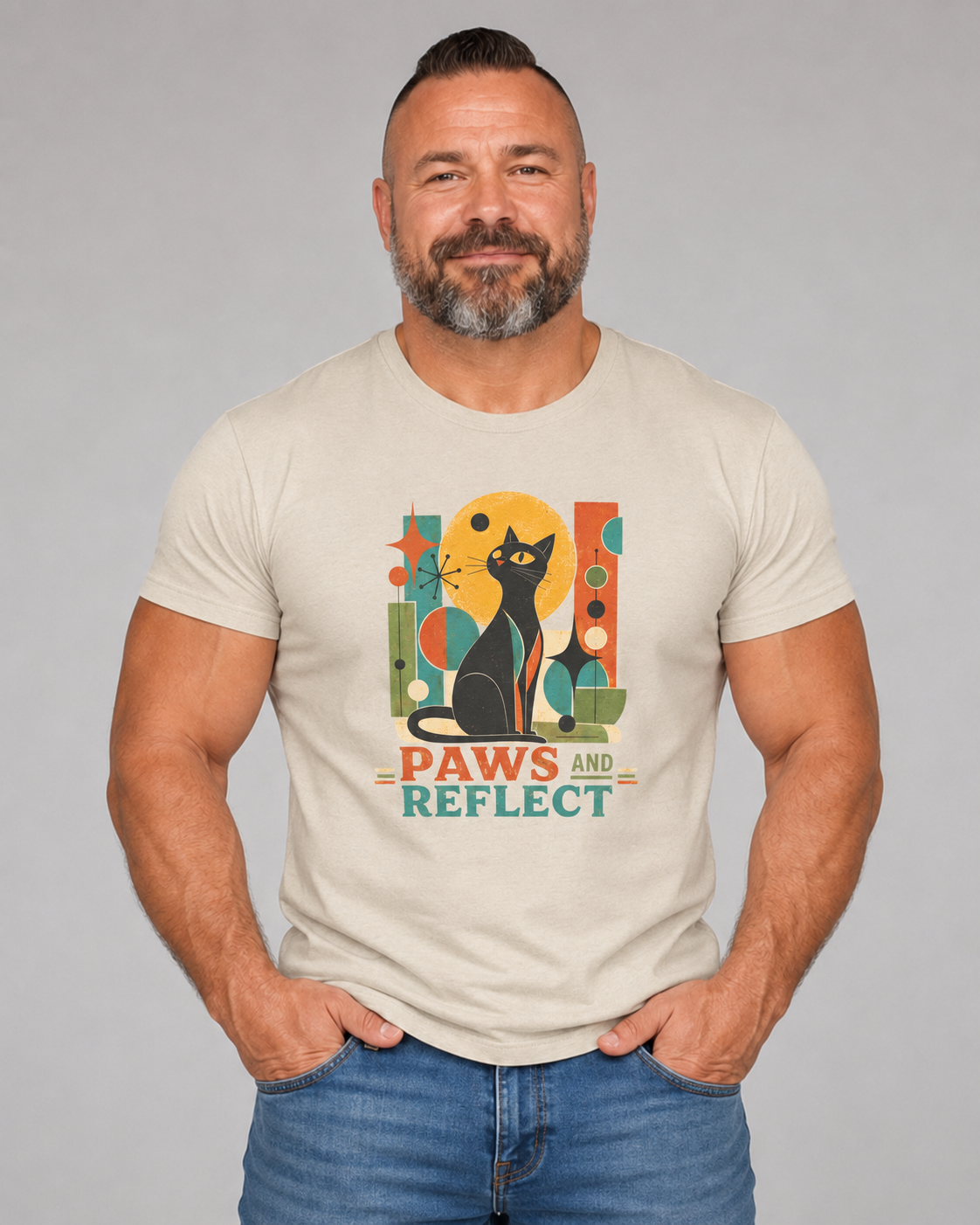 Paws and Reflect Cat T-Shirt. Mod Tangentsies Cat. Mood cat T-shirt