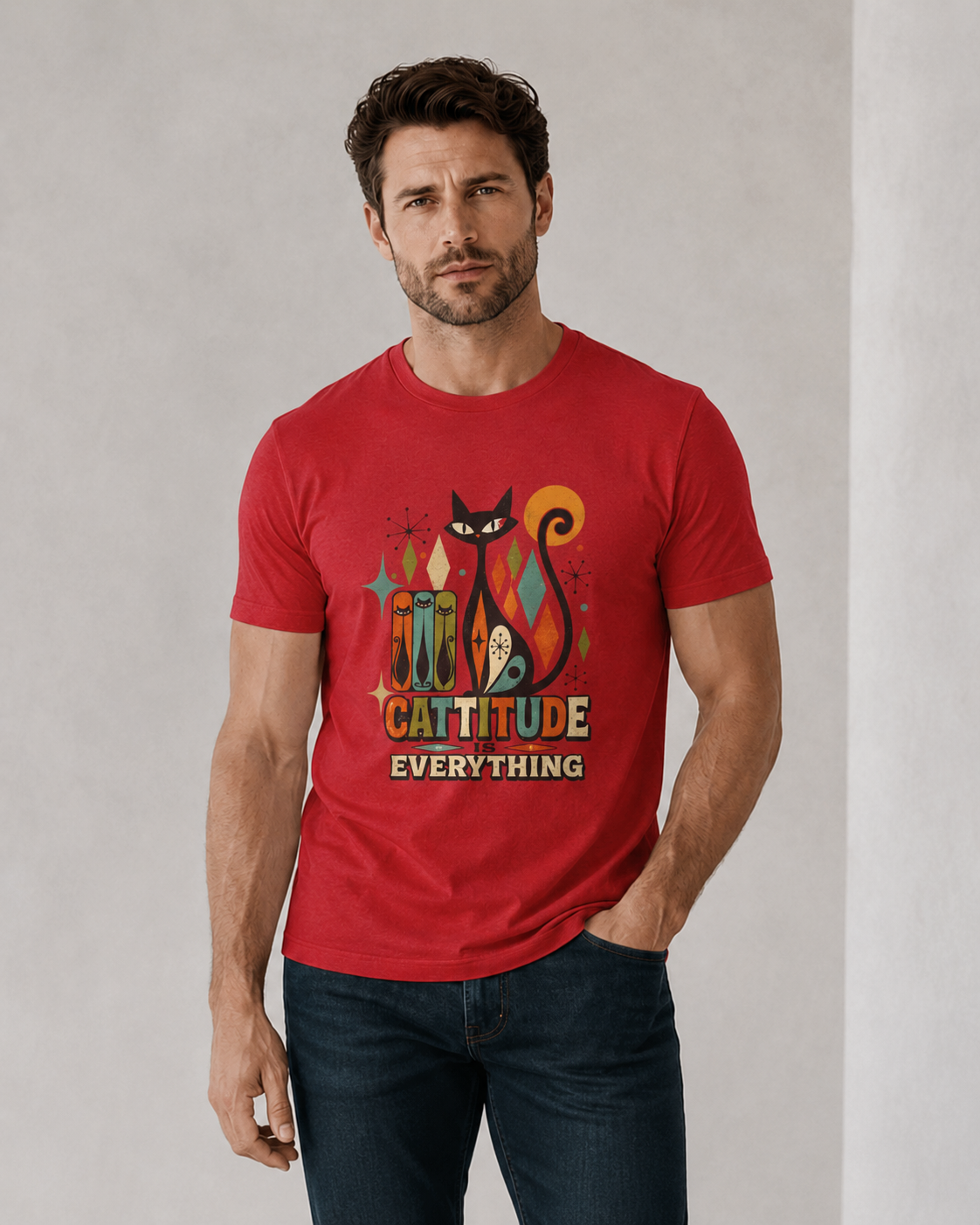 Cat T-Shirt — "Cattitude Over Everything" Retro Mid-Century Cat Tee