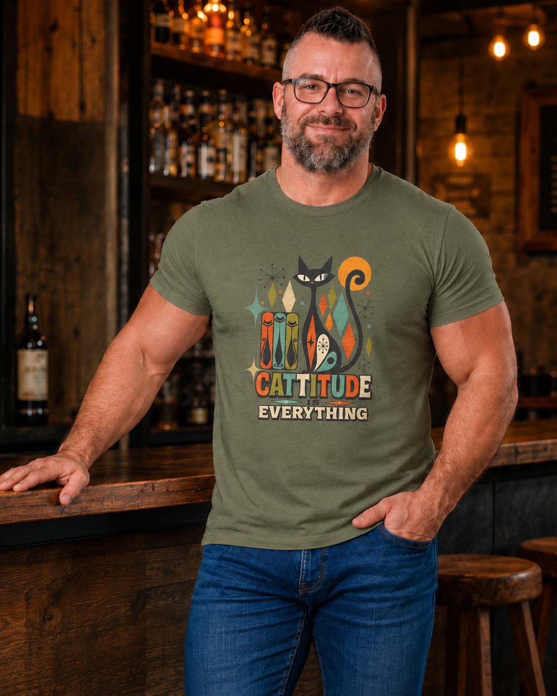 Cat T-Shirt — "Cattitude Over Everything" Retro Mid-Century Cat Tee