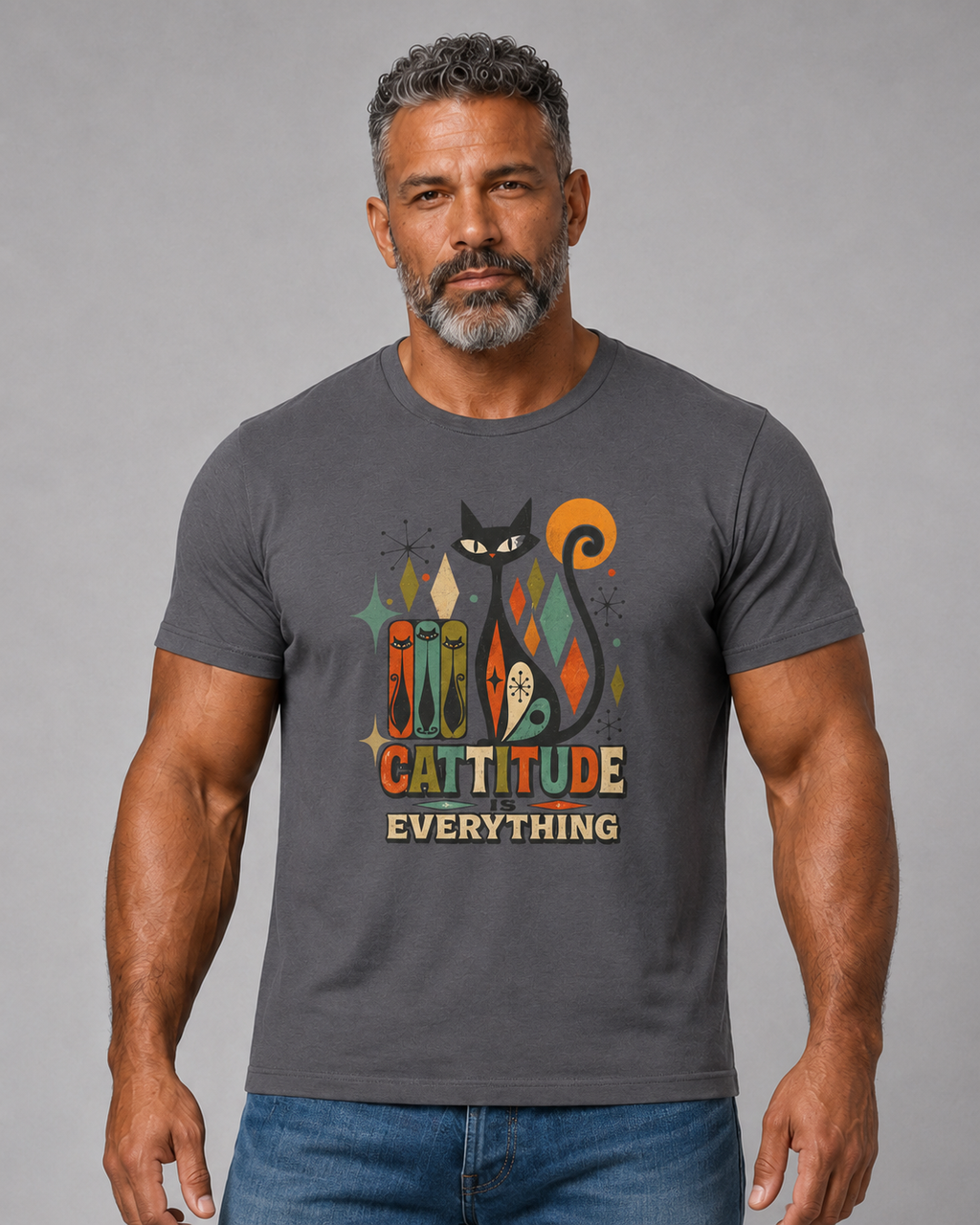 Cat T-Shirt — "Cattitude Over Everything" Retro Mid-Century Cat Tee