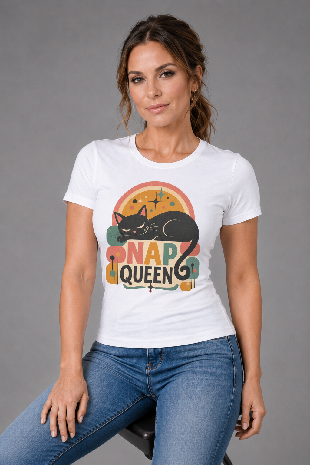 Nap Queen T-Shirt – Cute Sleeping Cat Graphic Tee. Tangentsies Mod Cat t-shirt designs