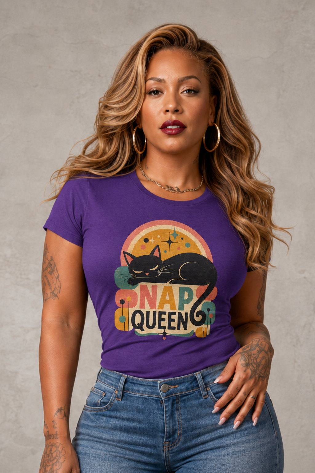 Nap Queen T-Shirt – Cute Sleeping Cat Graphic Tee. Tangentsies Mod Cat t-shirt designs