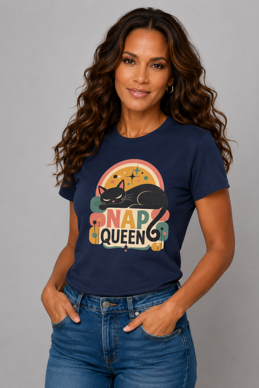 Nap Queen T-Shirt – Cute Sleeping Cat Graphic Tee. Tangentsies Mod Cat t-shirt designs