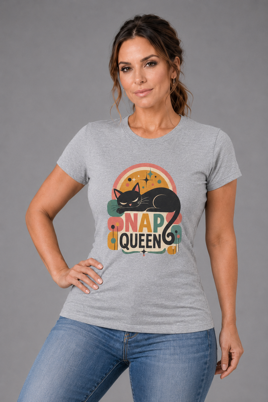 Nap Queen T-Shirt – Cute Sleeping Cat Graphic Tee. Tangentsies Mod Cat t-shirt designs