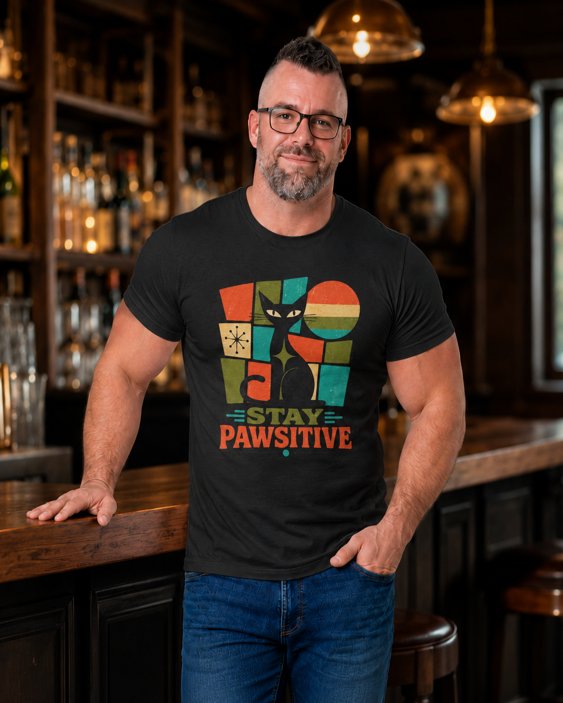 Stay Pawsitive Cat T-Shirt — Retro Graphic Tee for Cat Lovers. Tangentsies Mod Cat t-shirt
