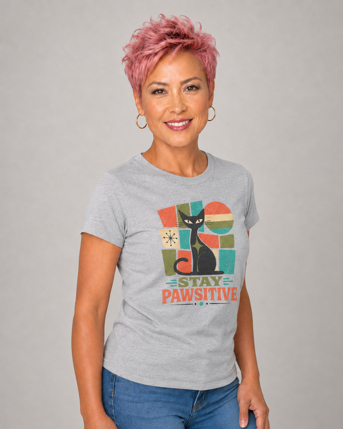 Stay Pawsitive Cat T-Shirt — Retro Graphic Tee for Cat Lovers. Tangentsies Mod Cat t-shirt
