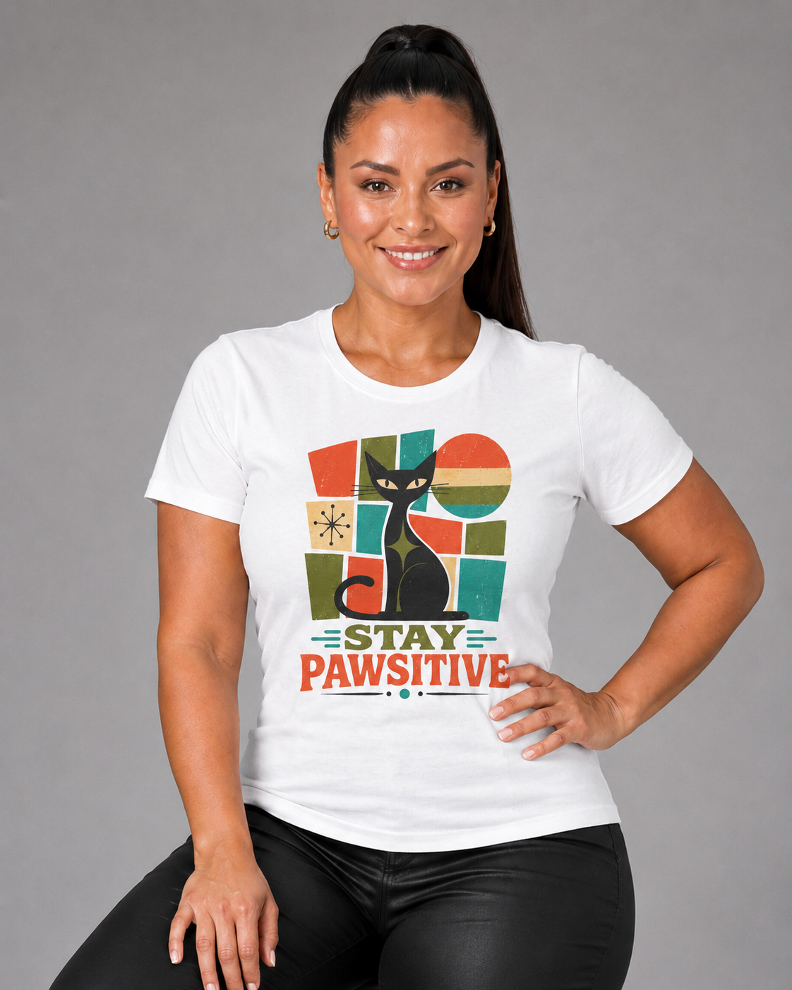 Stay Pawsitive Cat T-Shirt — Retro Graphic Tee for Cat Lovers. Tangentsies Mod Cat t-shirt