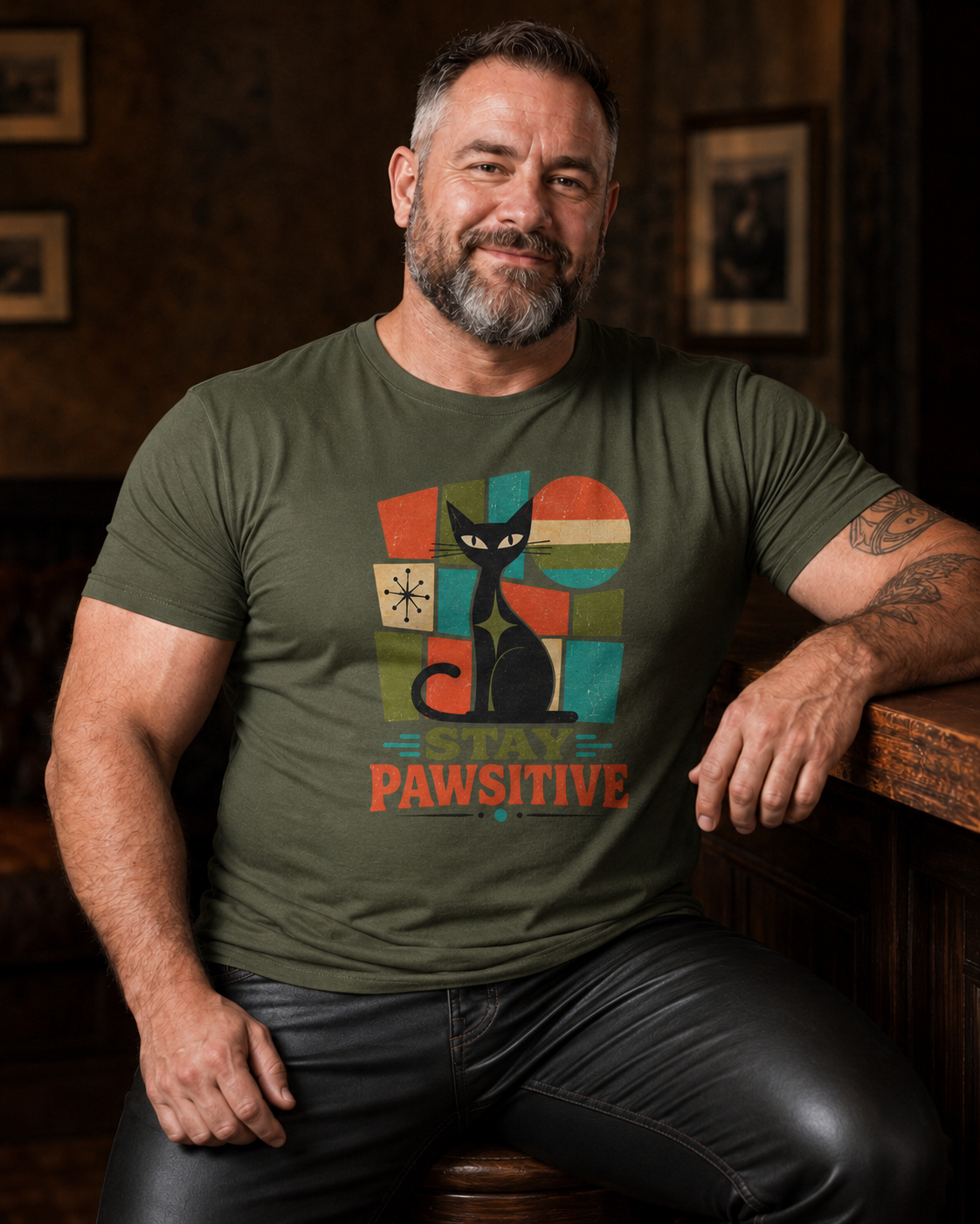 Stay Pawsitive Cat T-Shirt — Retro Graphic Tee for Cat Lovers. Tangentsies Mod Cat t-shirt