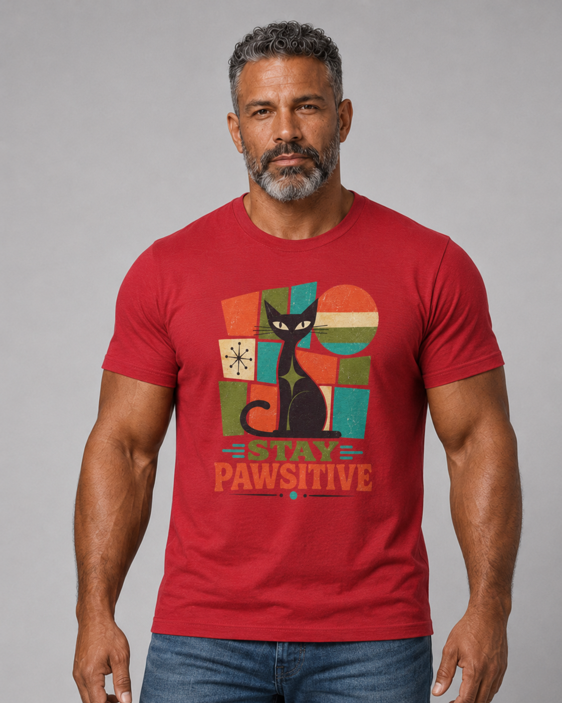 Stay Pawsitive Cat T-Shirt — Retro Graphic Tee for Cat Lovers. Tangentsies Mod Cat t-shirt