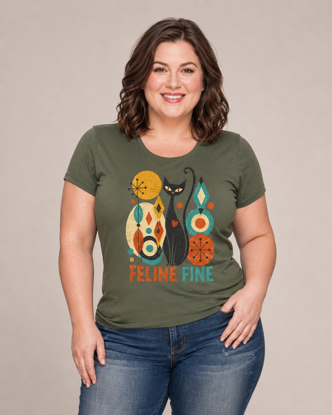 Feline Fine Retro Cat T-Shirt — Mid Century Modern Cat Lover Tee. Tangentsies Mod Cat T-shirt
