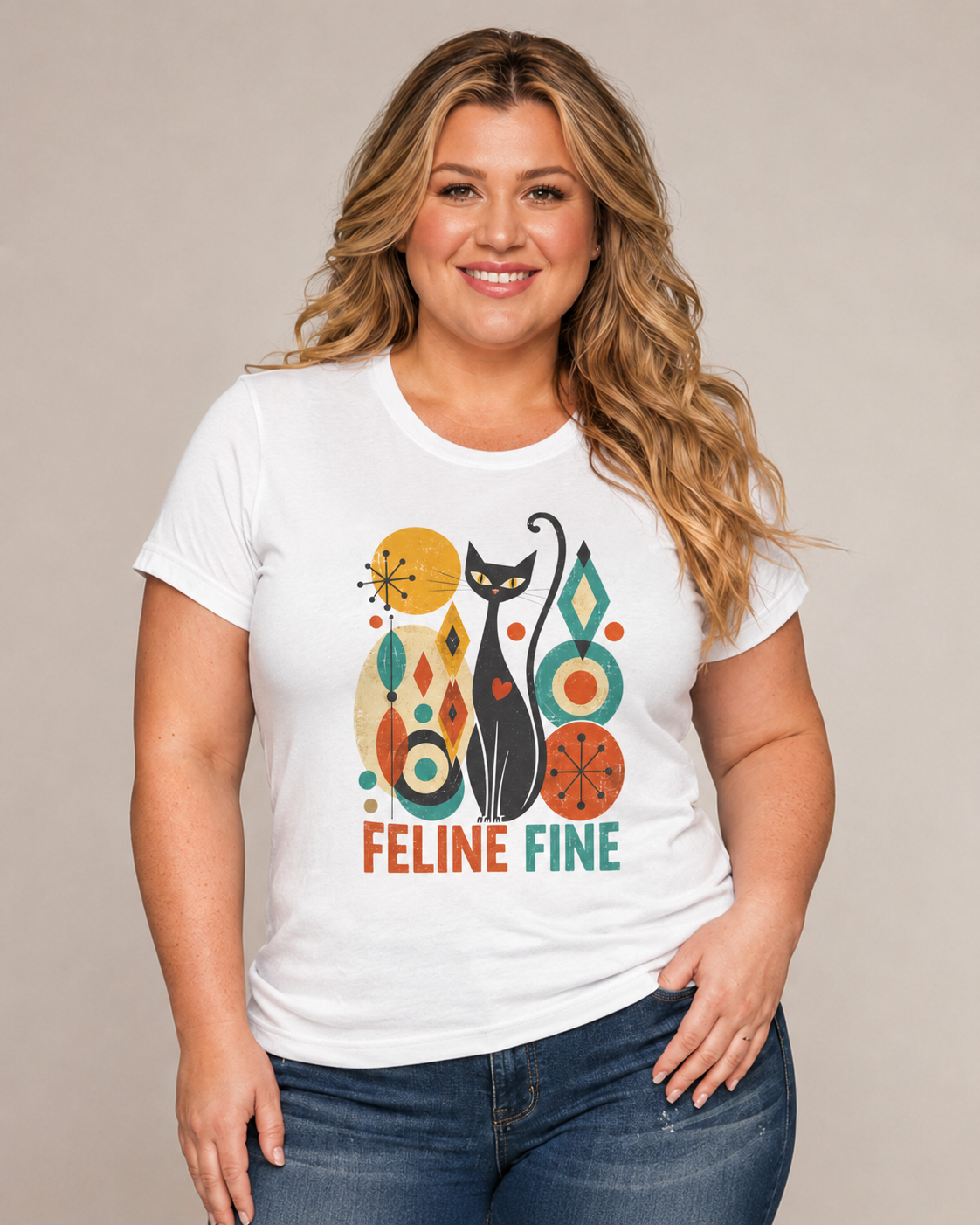 Feline Fine Retro Cat T-Shirt — Mid Century Modern Cat Lover Tee. Tangentsies Mod Cat T-shirt