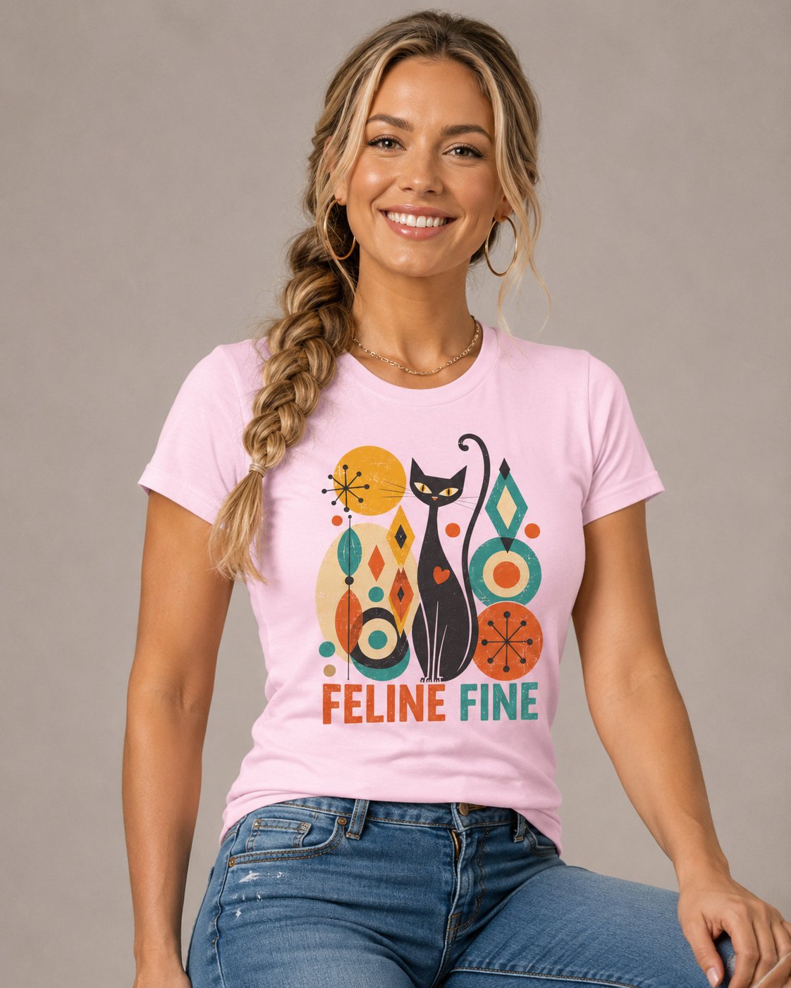Feline Fine Retro Cat T-Shirt — Mid Century Modern Cat Lover Tee. Tangentsies Mod Cat T-shirt