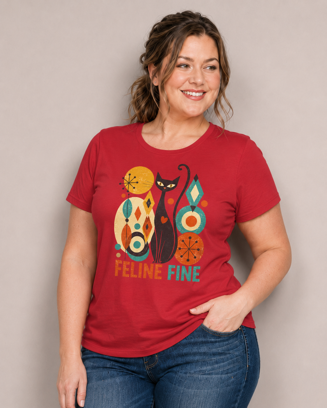 Feline Fine Retro Cat T-Shirt — Mid Century Modern Cat Lover Tee. Tangentsies Mod Cat T-shirt
