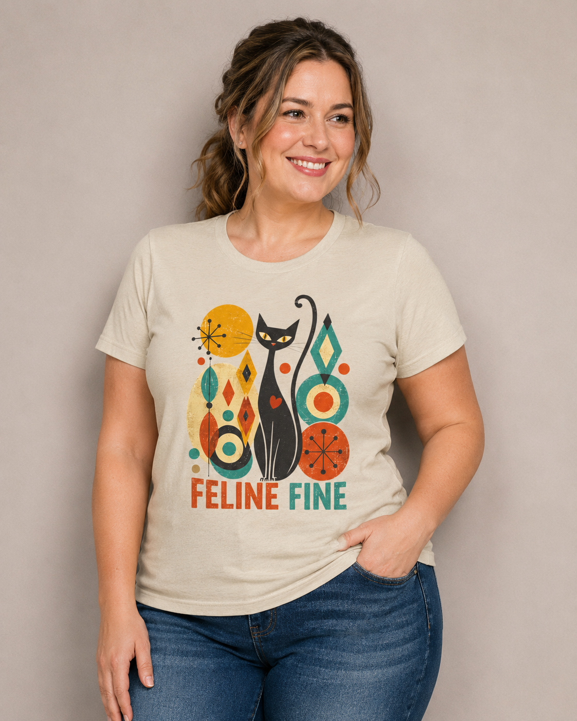 Feline Fine Retro Cat T-Shirt — Mid Century Modern Cat Lover Tee. Tangentsies Mod Cat T-shirt